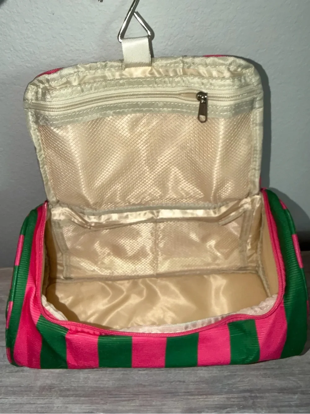 Hot Pink Green Striped Zip Large Handle Canvas Cosmetic Bag Tote Case Pocket